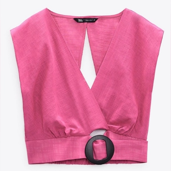 ZARA NWT Chain Buckle Belt Wrap Top 100% COTTON Crop Top Barbie Pink Size Large - Picture 2 of 5
